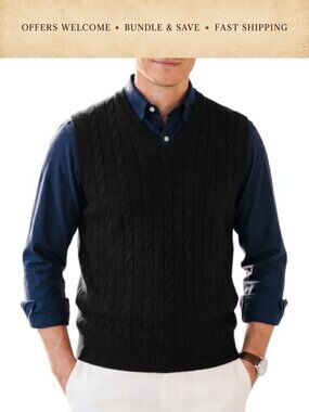 Men's V-Neck Cable Knit Sweater Vest Sleeveless Lightweight Layering